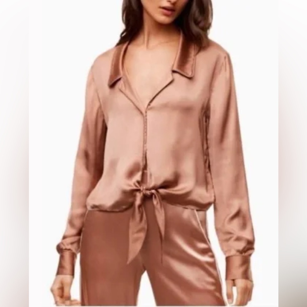 WILFRED silky satin long sleeve cropped button down tie front blouse SIZE M